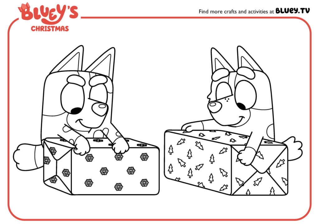 Coloriage de Bluey et Bingo tenant des cadeaux de Noël emballés, à imprimer