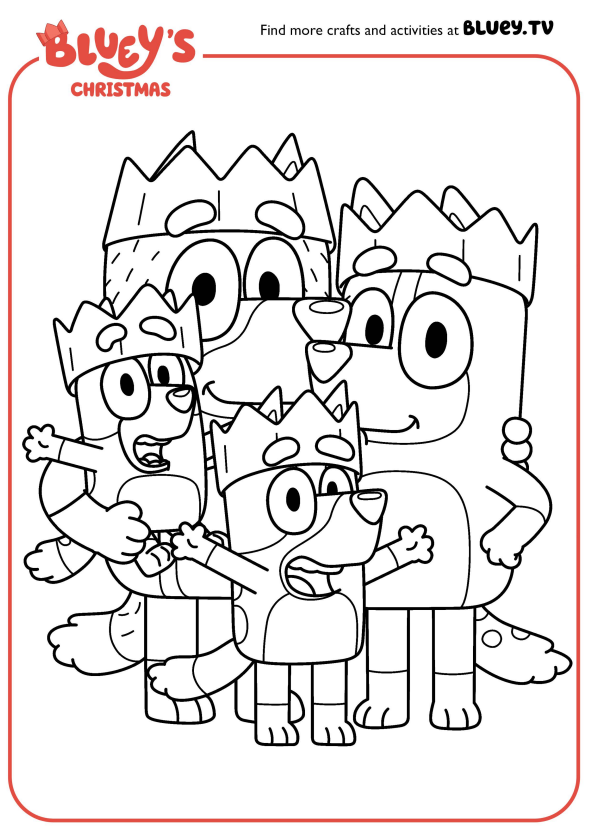 Coloriage de la famille de Bluey réunie avec des cadeaux pour Noël, à imprimer