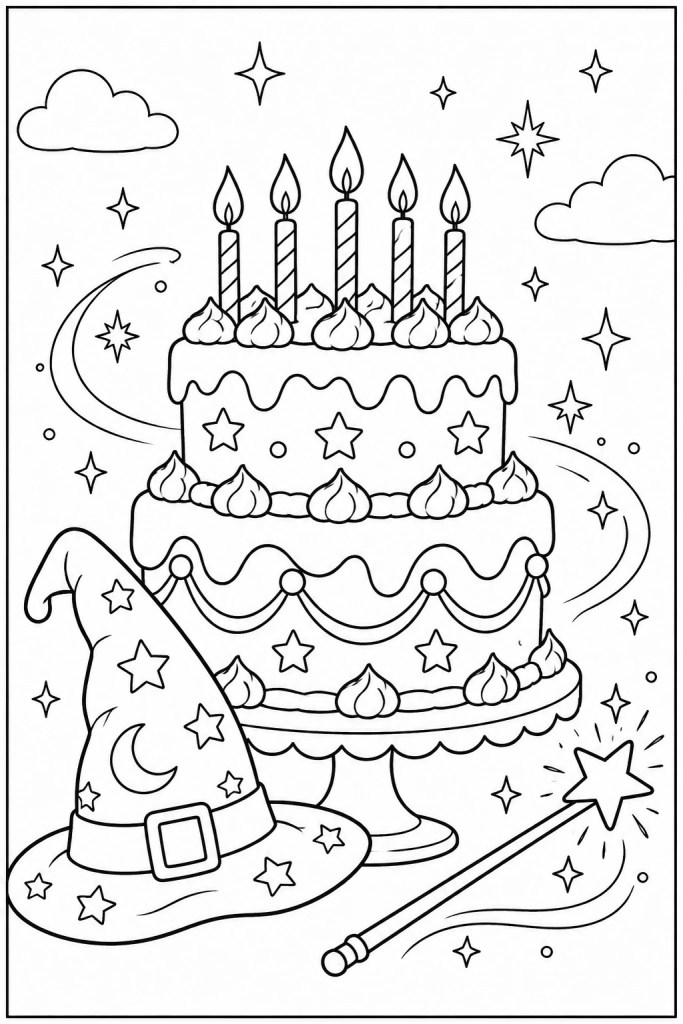 Coloriage d'anniversaire Harry Potter à imprimer : le gâteau à étages, le chapeau et la baguette