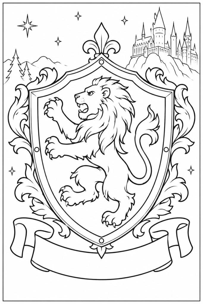 Coloriage du blason de Gryffondor à imprimer : le lion dressé sur l'écu