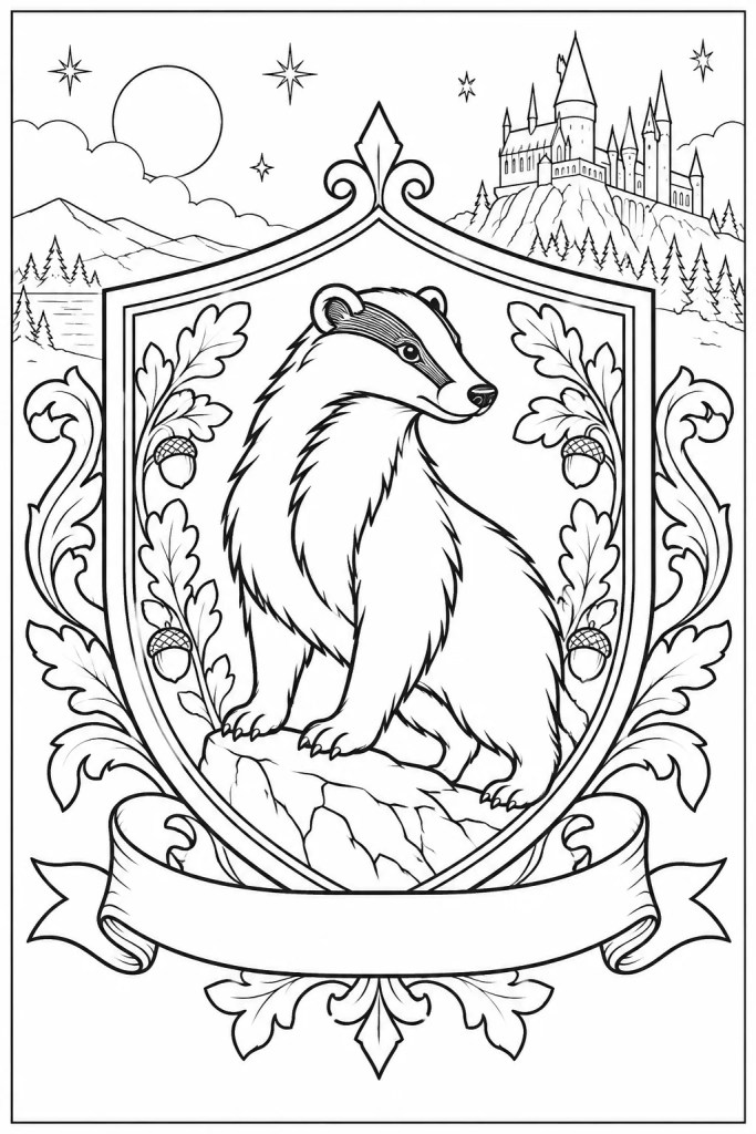Coloriage du blason de Poufsouffle à imprimer : le blaireau parmi les glands et les feuilles de chêne