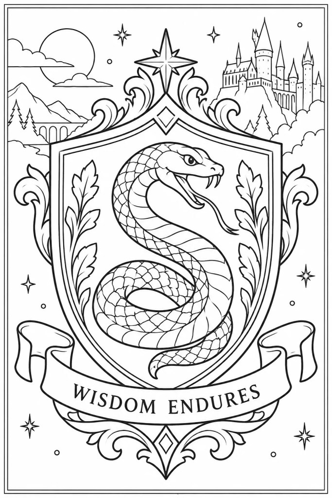 Coloriage du blason de Serpentard à imprimer : le serpent enroulé sur l'écu