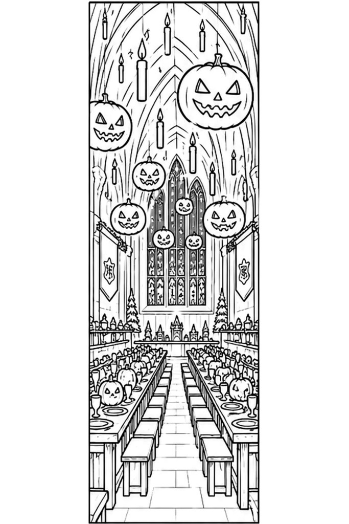 Coloriage Harry Potter d'Halloween à imprimer : la grande salle et ses citrouilles suspendues