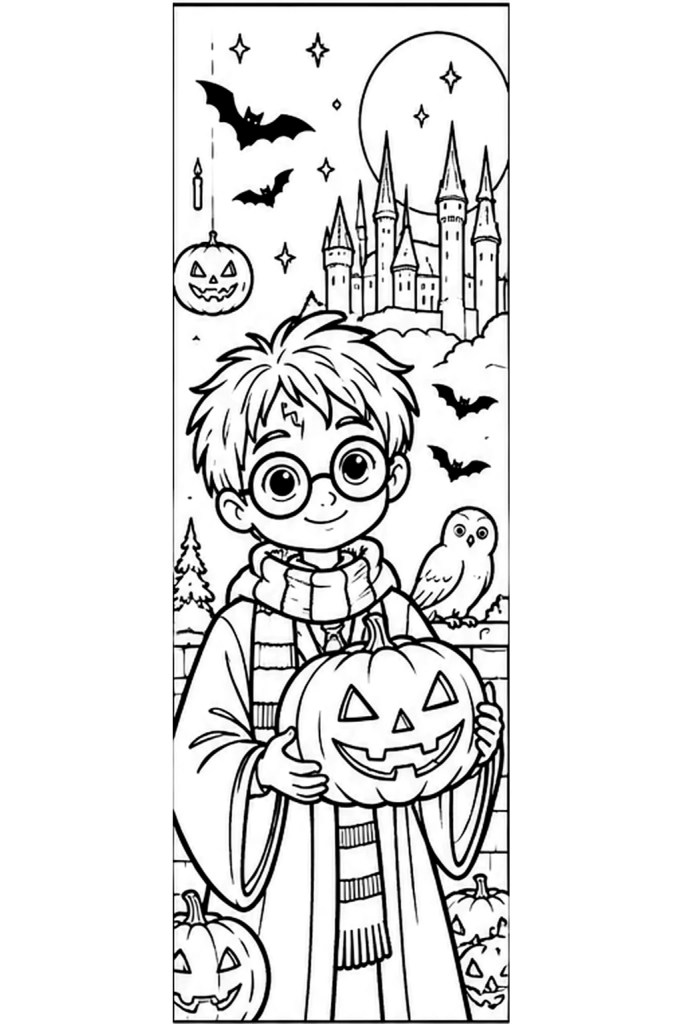 Coloriage Harry Potter d'Halloween à imprimer : le jeune sorcier et sa citrouille sculptée