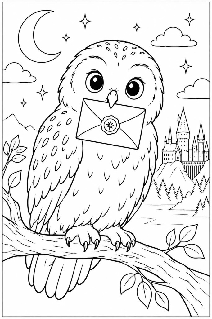Coloriage Harry Potter à imprimer : la chouette blanche, une lettre dans le bec, devant le château
