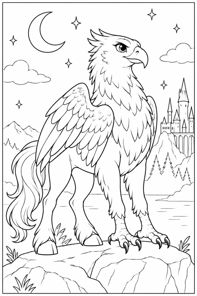 Coloriage Harry Potter à imprimer : l'hippogriffe, mi-aigle mi-cheval, sous le croissant de lune