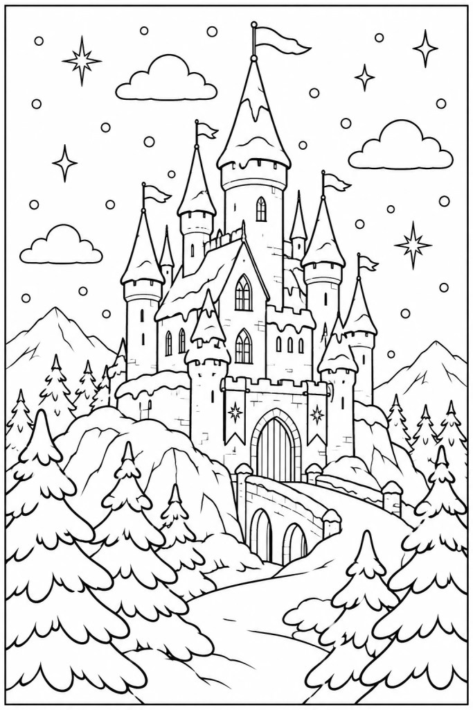 Coloriage Harry Potter de Noël à imprimer : le château sous la neige
