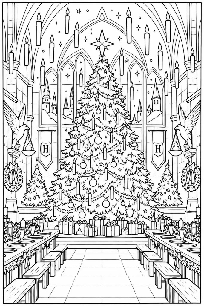 Coloriage Harry Potter de Noël à imprimer : le grand sapin décoré de la grande salle