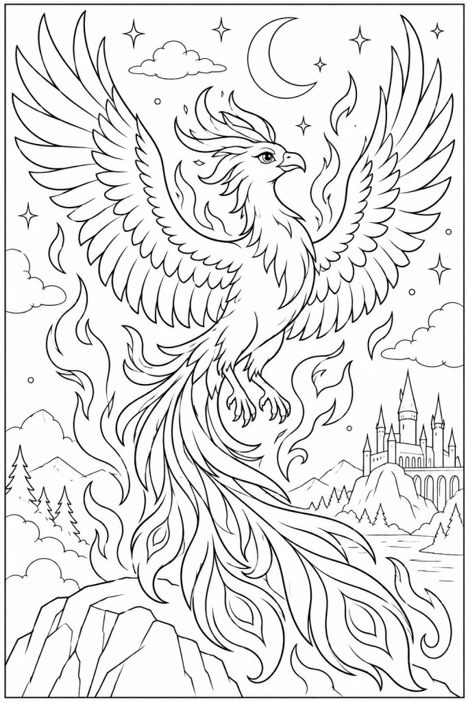 Coloriage Harry Potter à imprimer : le phénix et ses longues plumes de feu