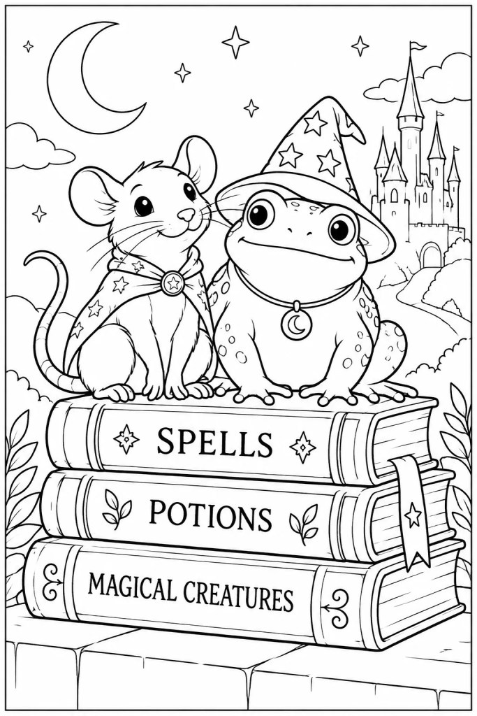 Coloriage Harry Potter à imprimer : le rat et le crapaud installés sur une pile de grimoires