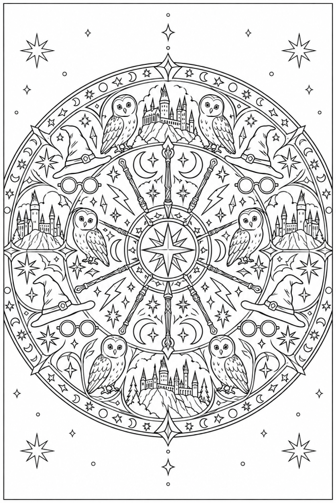 Mandala de sorcier à imprimer : chouettes, baguettes et chapeaux autour d'une rosace