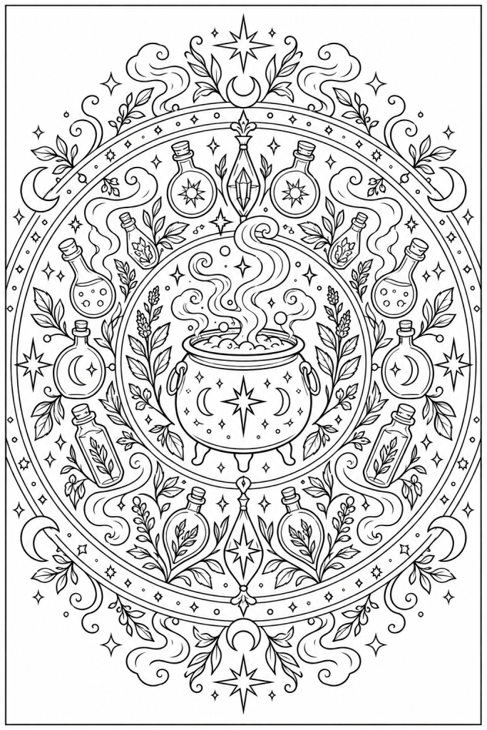 Mandala de sorcier à imprimer : un chaudron fumant entouré de fioles de potions