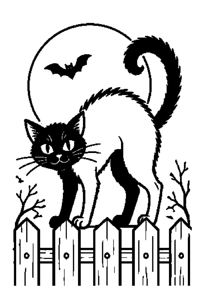Coloriage de chat noir d'Halloween à imprimer, dos rond sur une barrière
