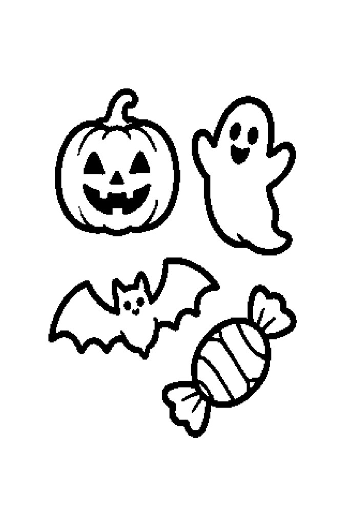 Dessin d'Halloween facile à imprimer : quatre motifs simples, citrouille, fantôme, chauve-souris et bonbon