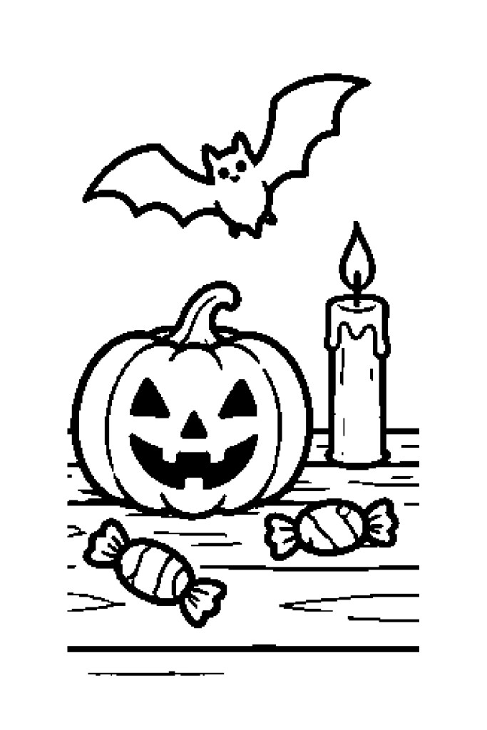 Dessin d'Halloween facile à imprimer : une petite scène avec citrouille, chauve-souris et bonbon