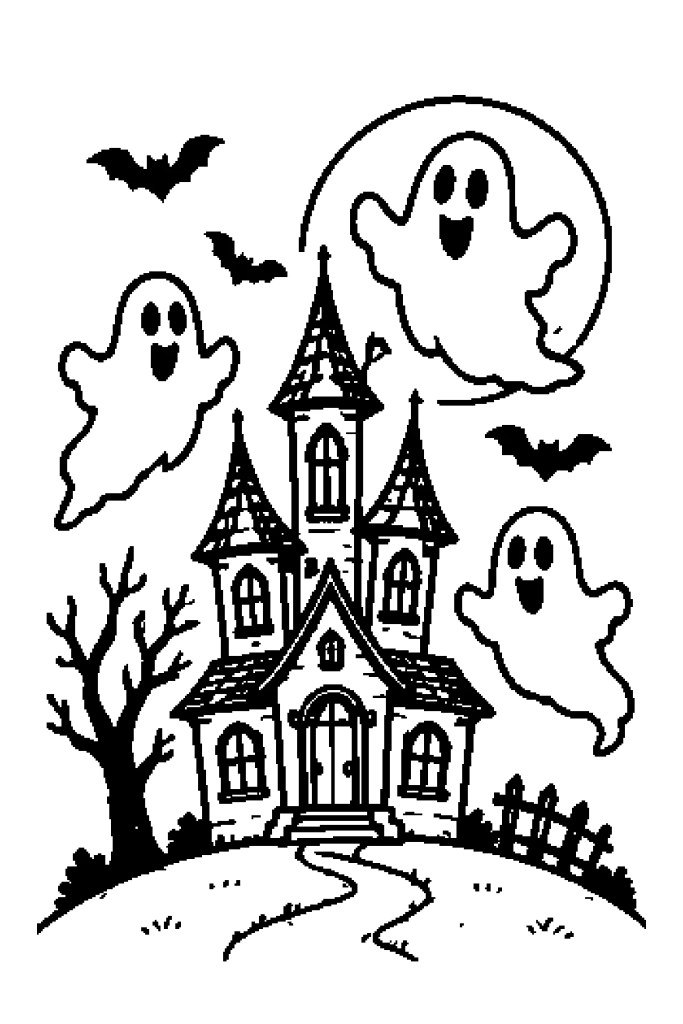 Coloriage d'Halloween à imprimer : trois fantômes autour d'une maison hantée