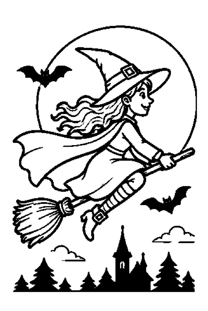 Coloriage d'Halloween à imprimer : une sorcière sur son balai devant la pleine lune