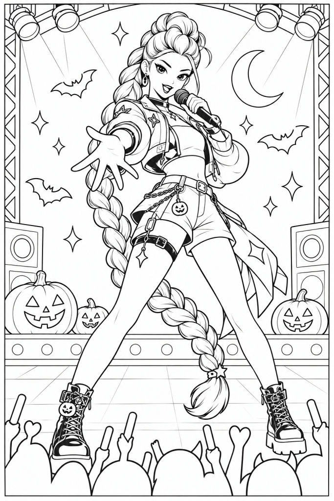 Coloriage K-pop Demon Hunters d'Halloween à imprimer : la chanteuse principale au micro sous le croissant de lune