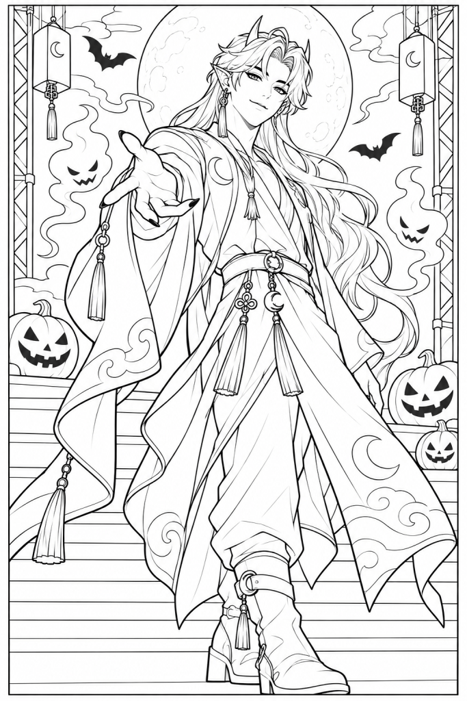 Coloriage k pop demon hunter d'Halloween à imprimer : un personnage en tenue traditionnelle sous la pleine lune