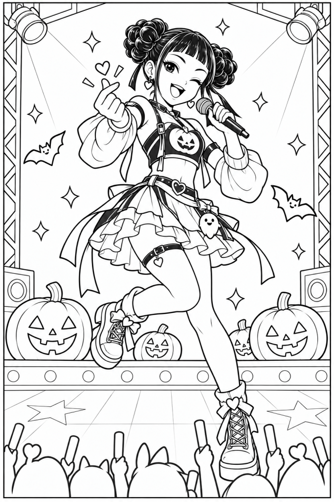 Coloriage K-pop Demon Hunters d'Halloween à imprimer : une chanteuse au micro devant un décor de citrouilles
