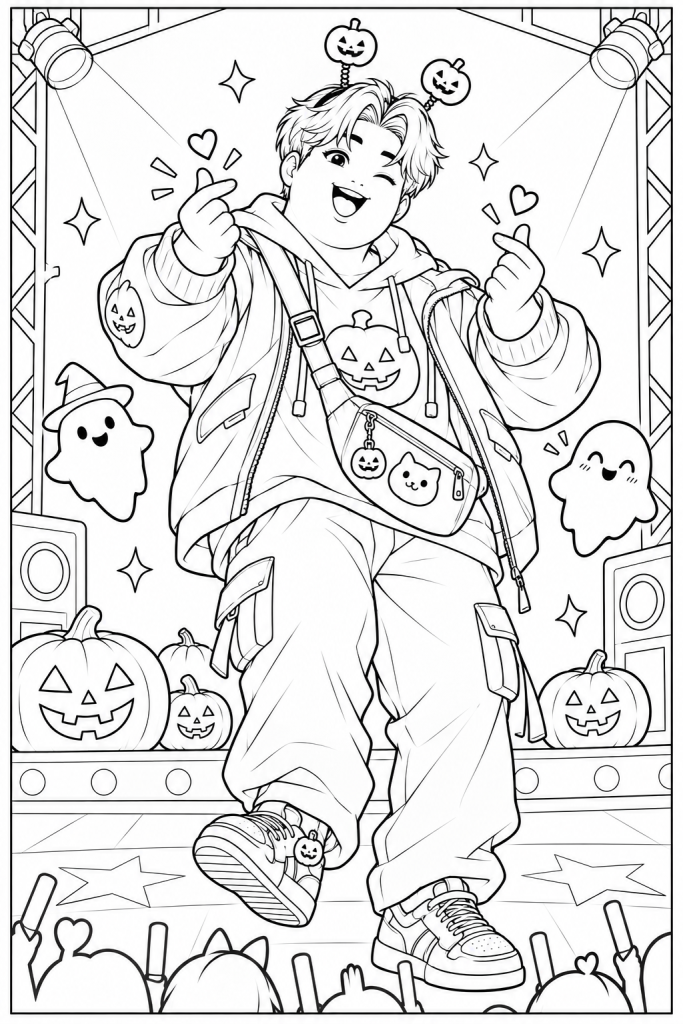 Coloriage kpop demon hunters d'Halloween à imprimer : un chanteur qui saute sur scène entouré de petits fantômes
