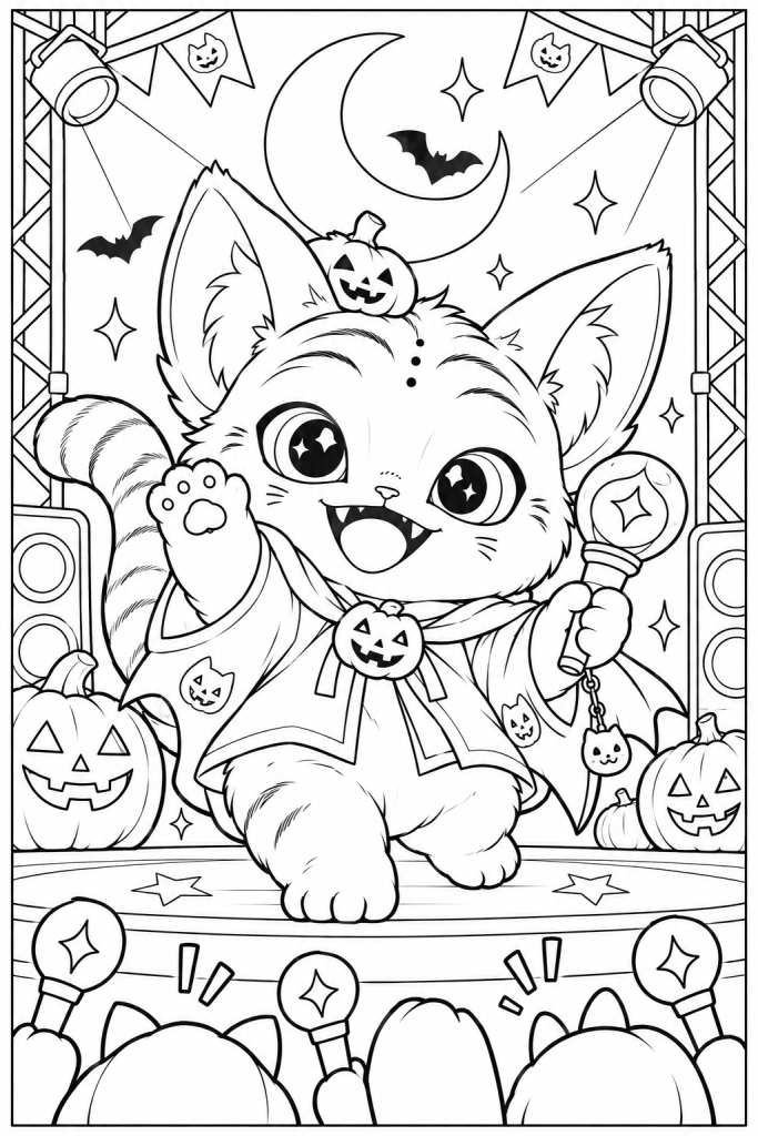 Coloriage K-pop Demon Hunters d'Halloween à imprimer : le chat mascotte en cape de vampire, petite citrouille sur la tête