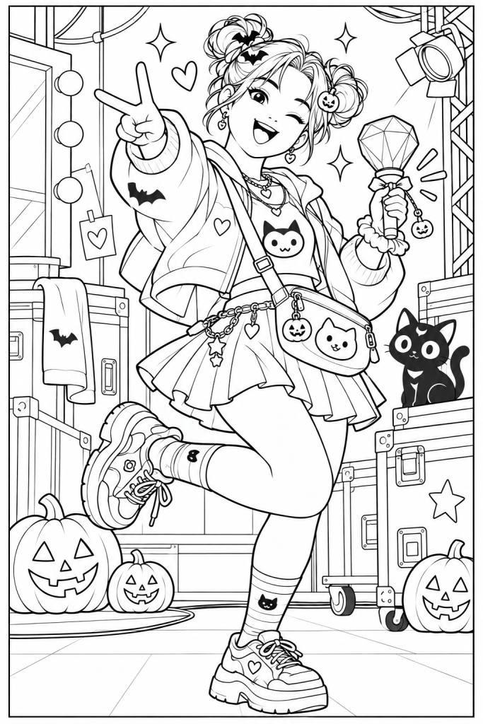 Coloriage K-pop Demon Hunters d'Halloween à imprimer : une chanteuse en jupe à volants avec son chat noir et ses citrouilles