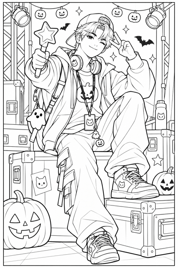 Coloriage kpop demon hunters d'Halloween à imprimer : un chanteur backstage avec sa baguette étoile et sa peluche fantôme