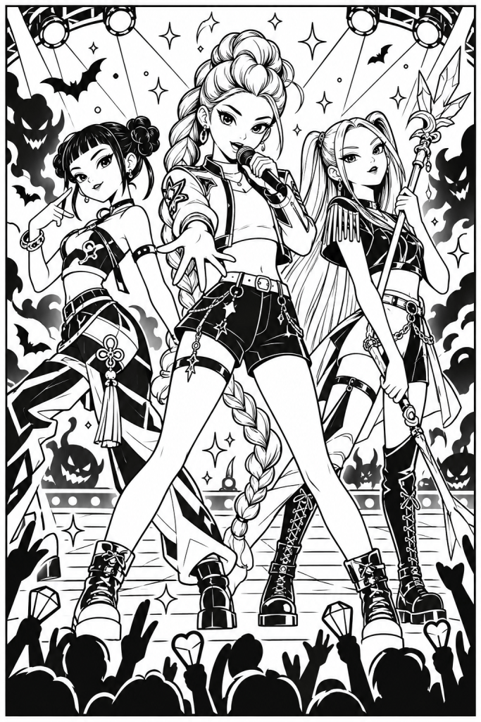 Coloriage K-pop Demon Hunters d'Halloween à imprimer : le trio sur scène en costumes, entouré de citrouilles et de chauves-souris