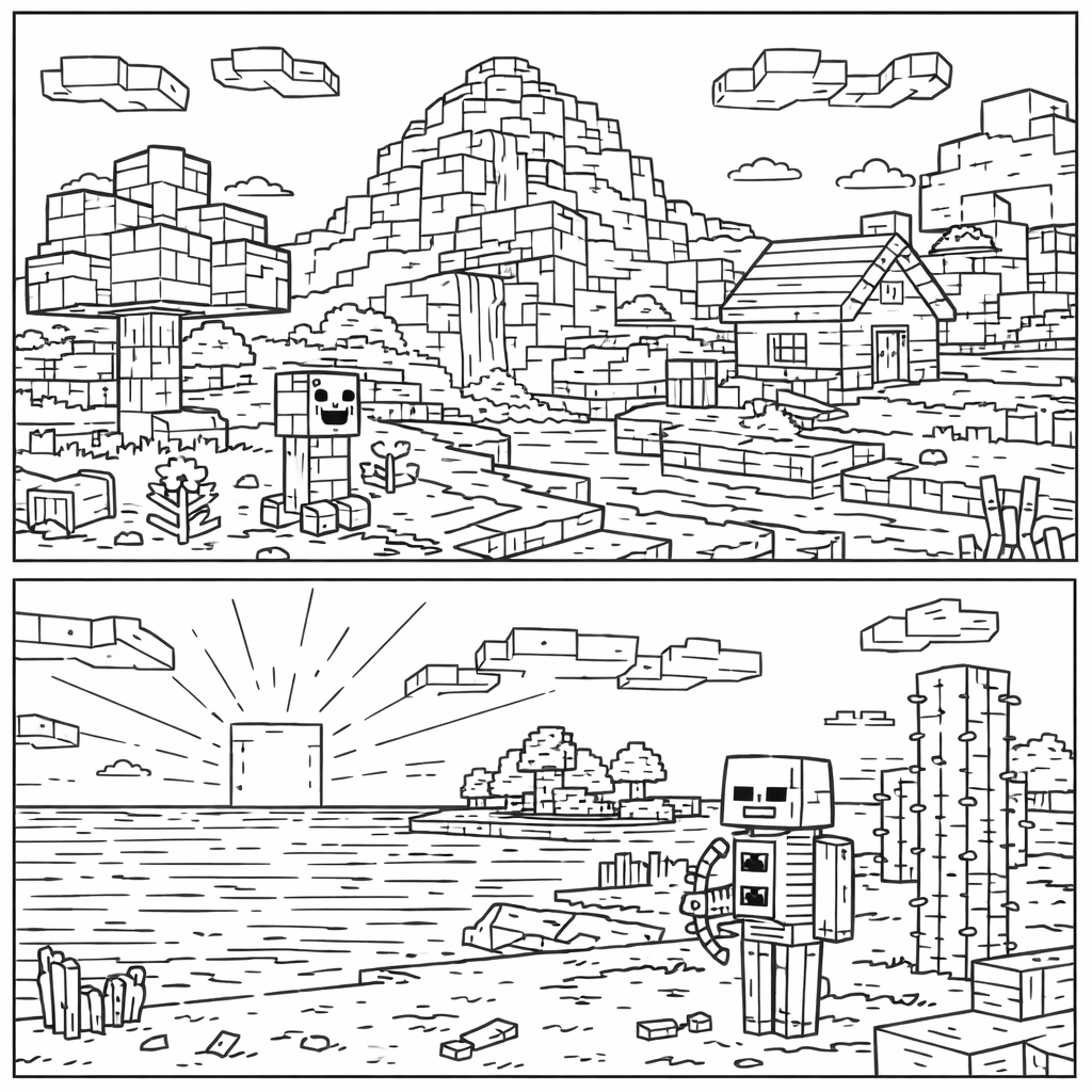 coloriage Minecraft village paysage