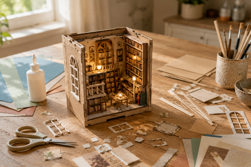 Book nook miniature en carton représentant une bibliothèque, posé sur une table en bois avec papiers, colle et ciseaux pour une activité DIY en famille.