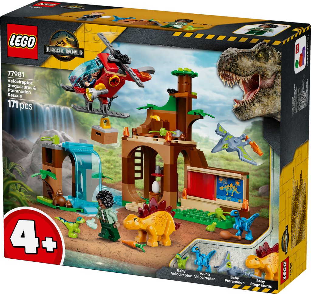 boîte LEGO® Jurassic World 77981 Le Sauvetage du Vélociraptor, du Stégosaure et du Ptéranodon