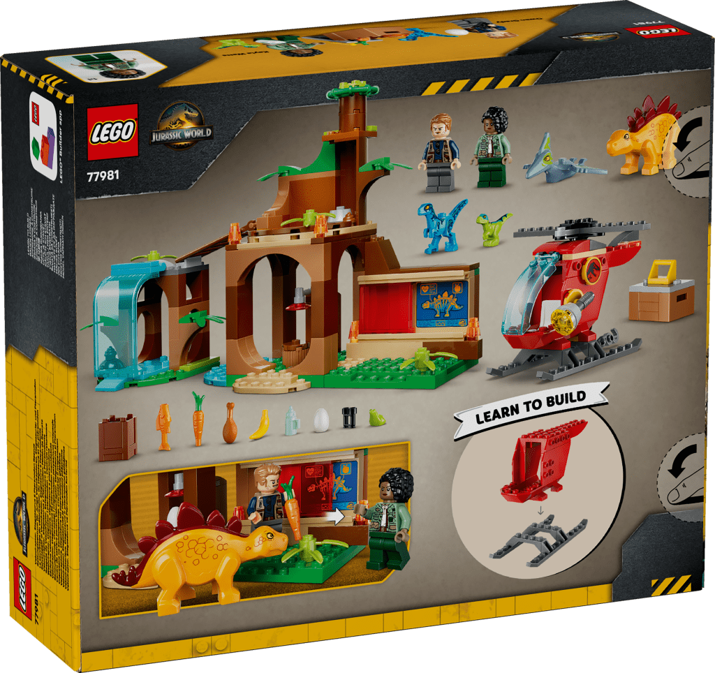 boîte LEGO® Jurassic World 77981 Le Sauvetage du Vélociraptor, du Stégosaure et du Ptéranodon