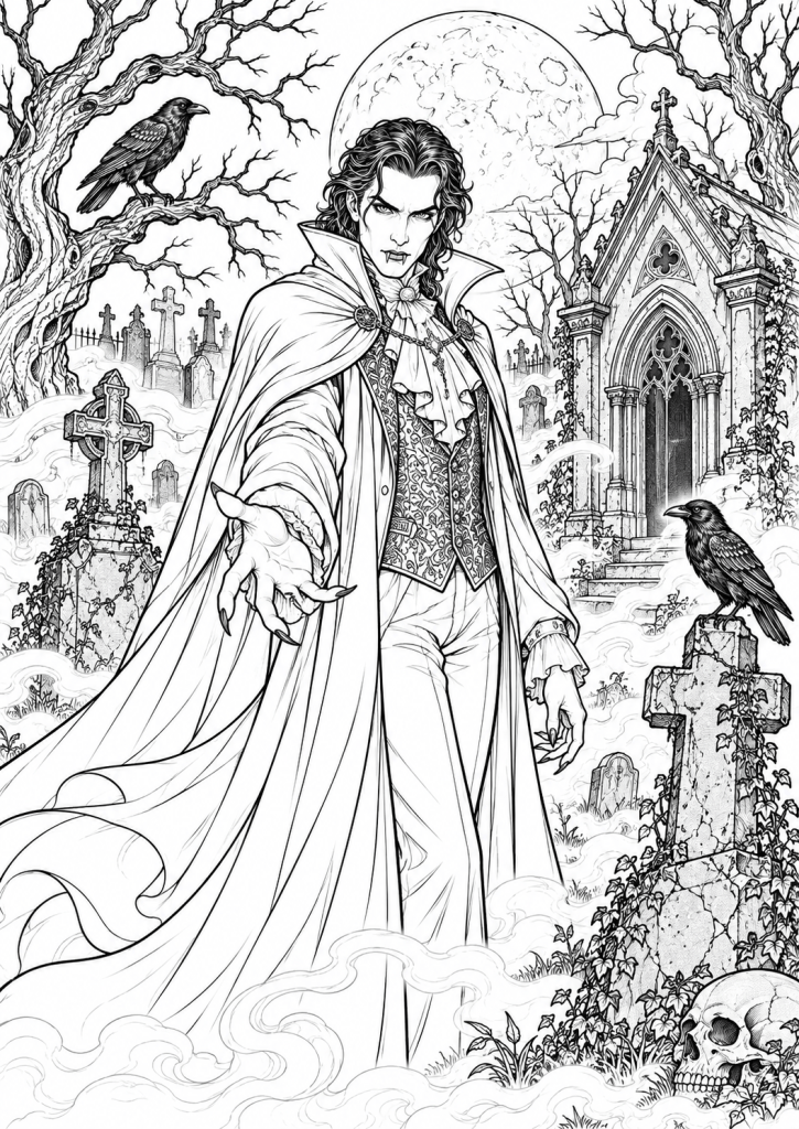coloriage dracula homme cimetière halloween