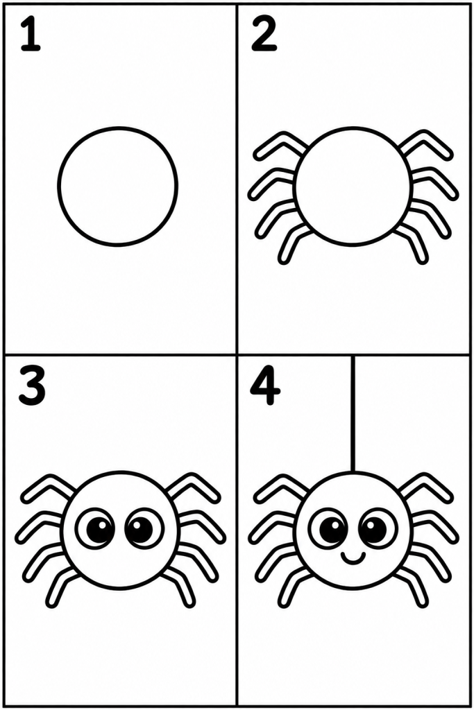 Dessin d'Halloween facile à imprimer : apprendre à dessiner une araignée en 4 étapes