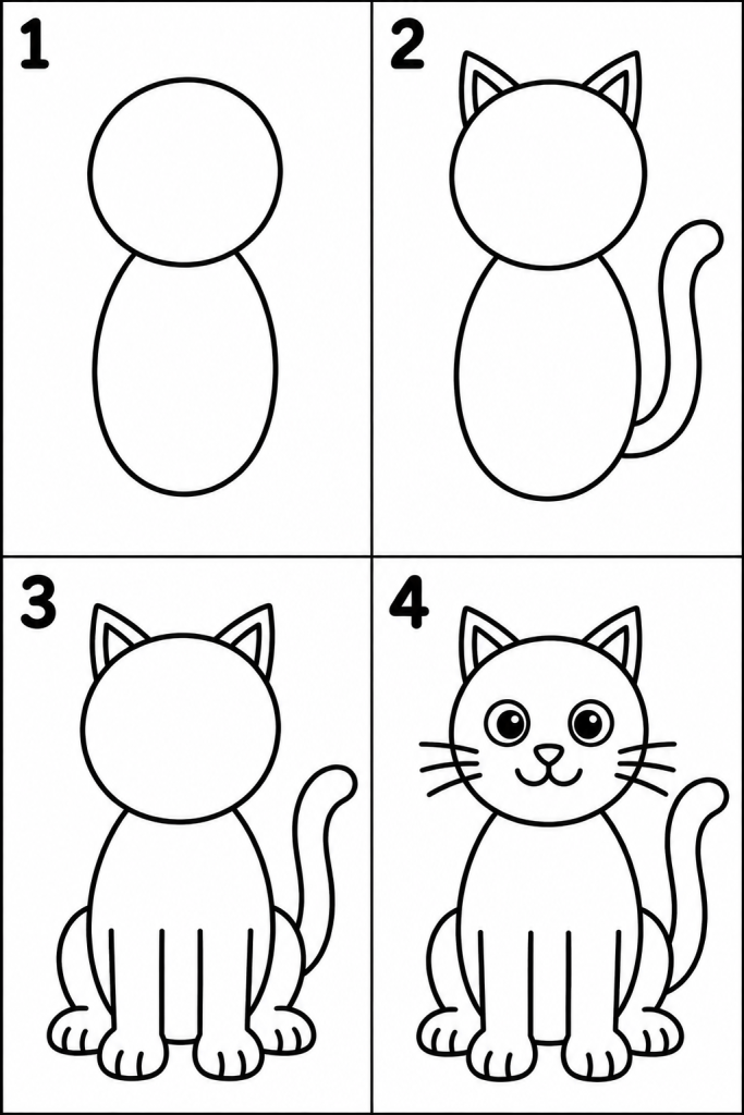 Dessin d'Halloween facile à imprimer : apprendre à dessiner un chat noir en 4 étapes