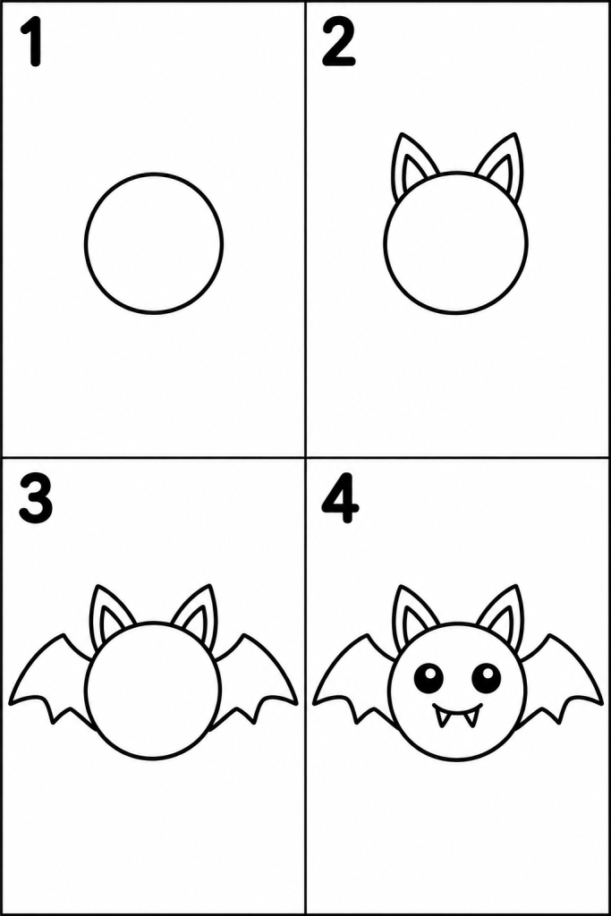 Dessin d'Halloween facile à imprimer : apprendre à dessiner une chauve-souris en 4 étapes