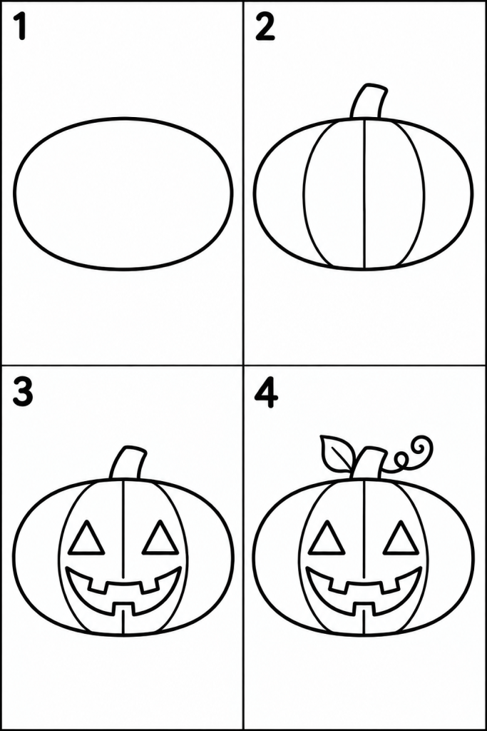 Dessin d'Halloween facile à imprimer : apprendre à dessiner une citrouille en 4 étapes