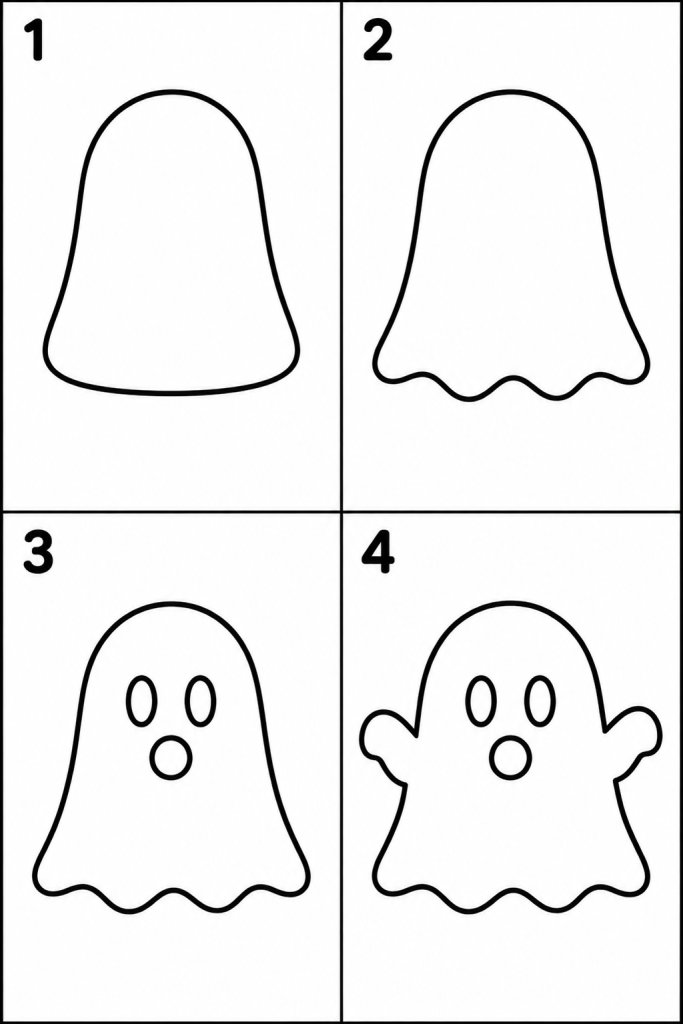 Dessin d'Halloween facile à imprimer : apprendre à dessiner un fantôme en 4 étapes