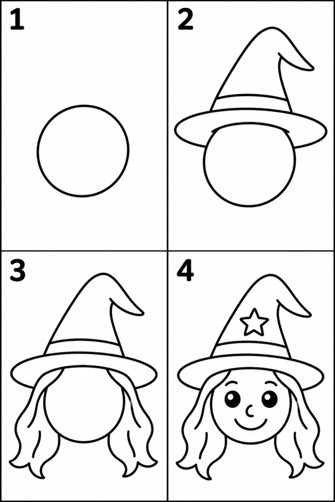 Dessin d'Halloween facile à imprimer : apprendre à dessiner une sorcière en 4 étapes