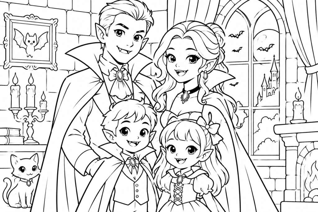 coloriage famille vampire manoir