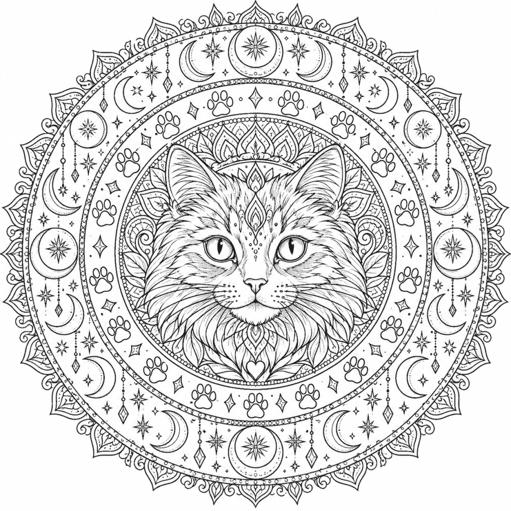 Mandala d'Halloween à imprimer : un chat entouré d'empreintes de pattes, de lunes et d'étoiles