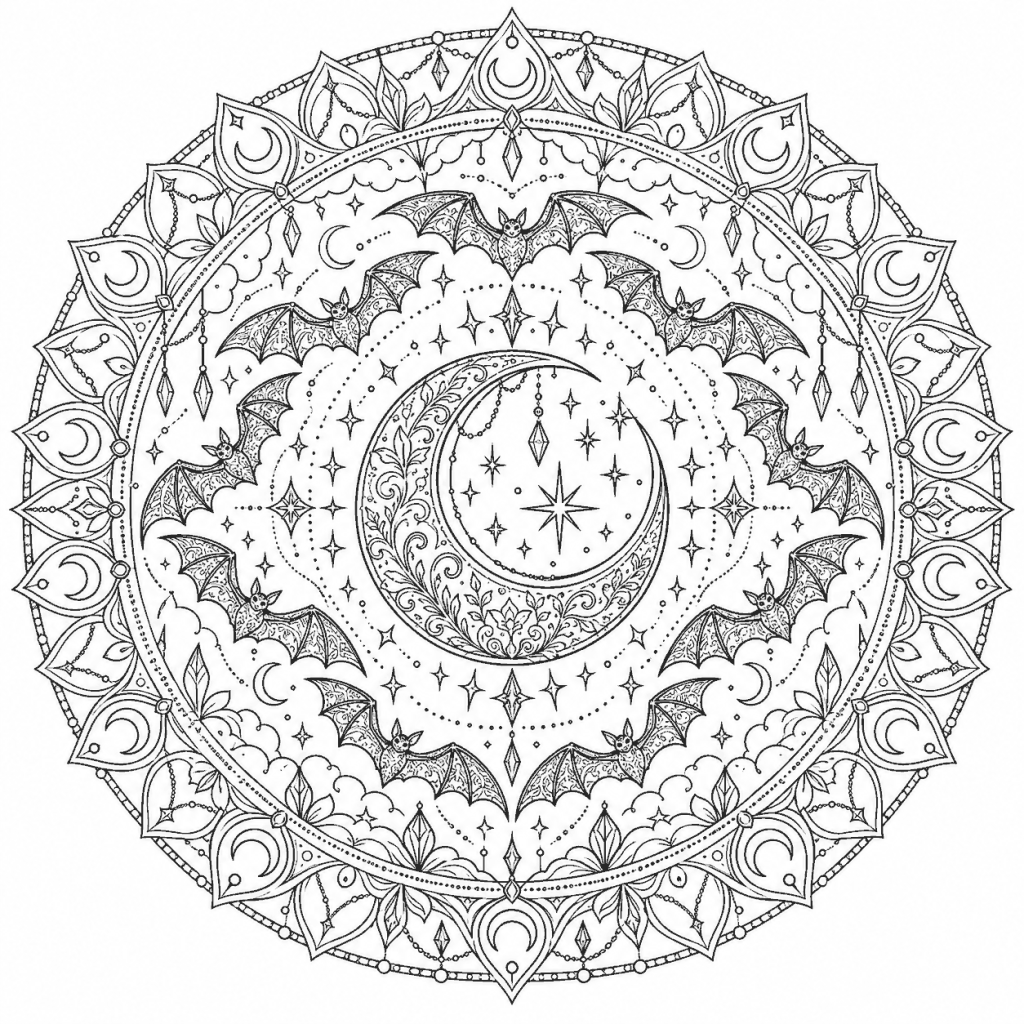 Mandala d'Halloween à imprimer : des chauves-souris en cercle autour d'un croissant de lune