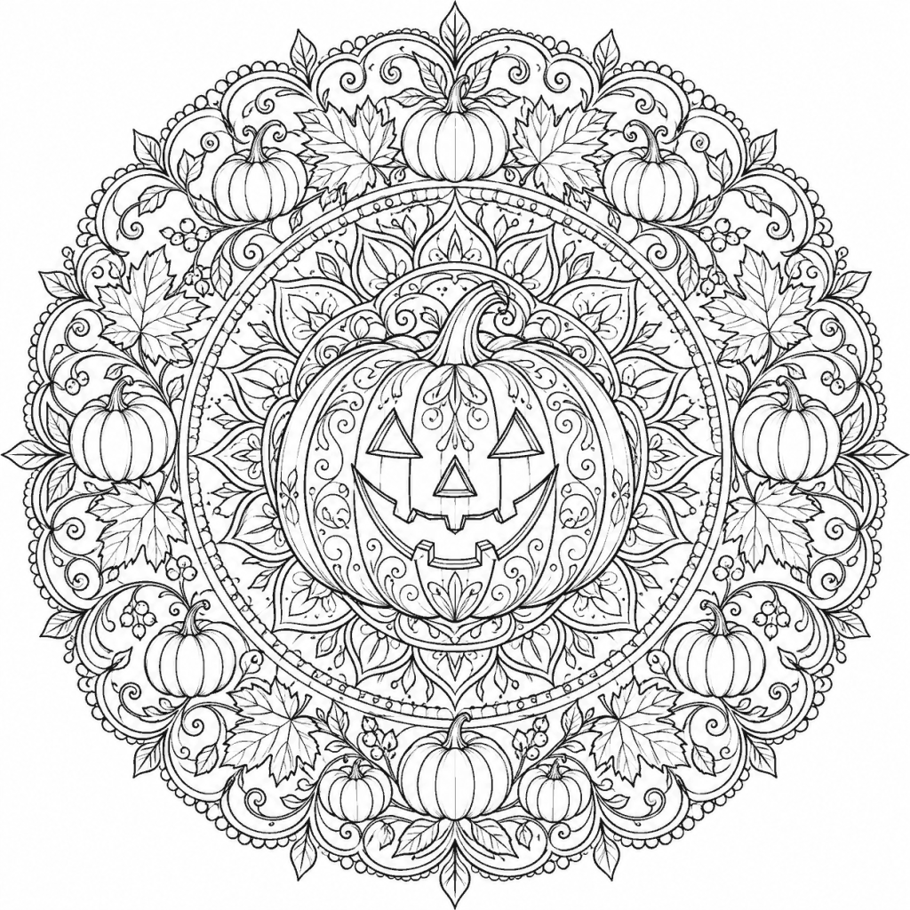 Mandala d'Halloween à imprimer : une citrouille sculptée entourée de feuilles et de petites citrouilles