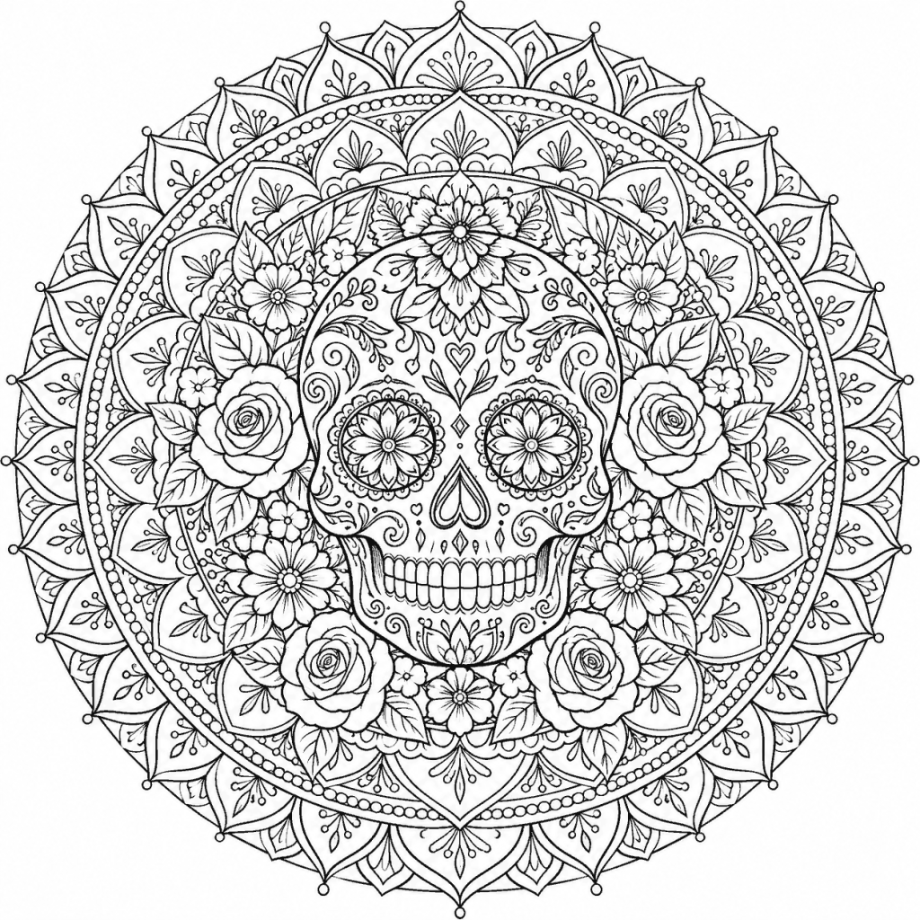 Mandala d'Halloween à imprimer : un crâne fleuri façon calavera, entouré de roses