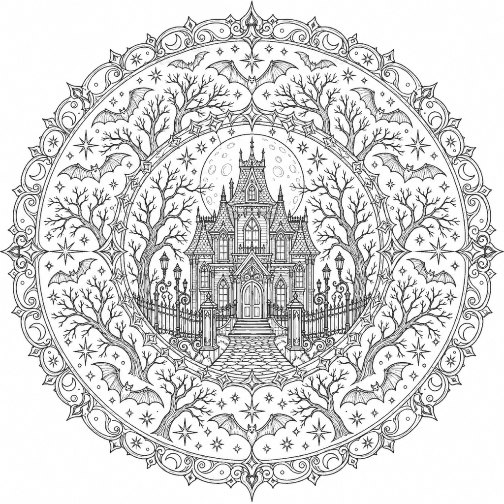 Mandala d'Halloween à imprimer : une maison hantée cernée d'arbres nus et de chauves-souris