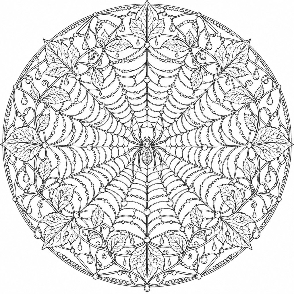 Mandala d'Halloween à imprimer : une toile d'araignée en rosace, l'araignée au centre