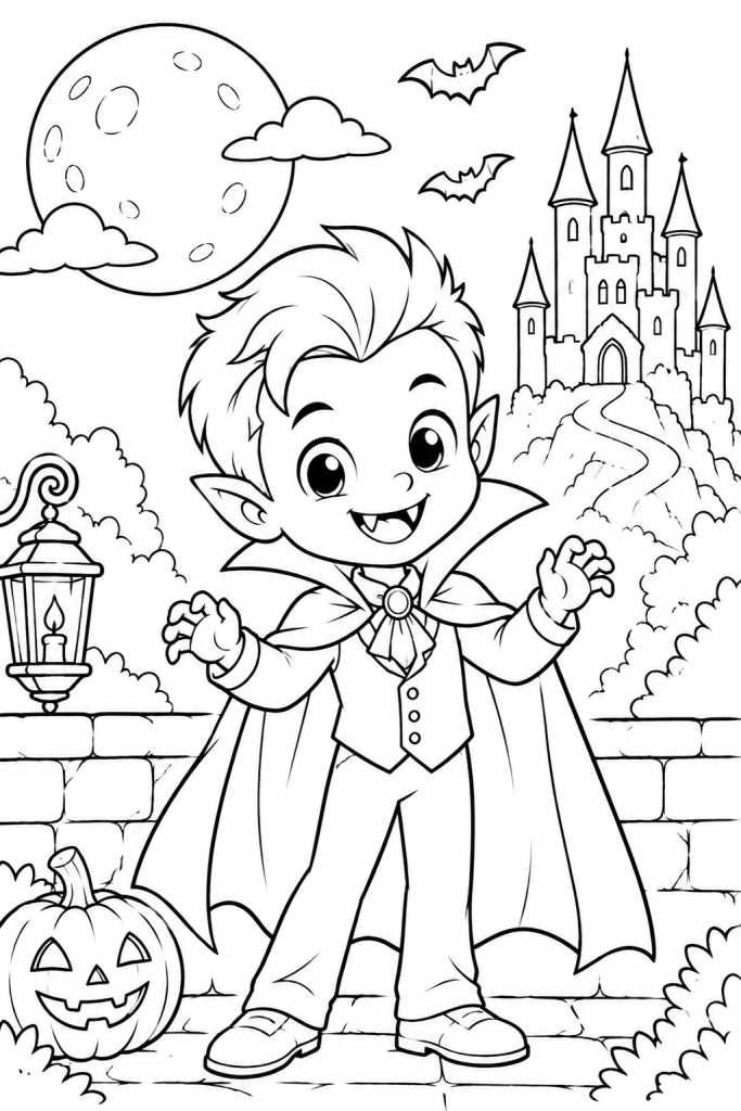 coloriage jeune dracula devant château