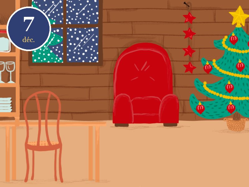 Case du 7 décembre du calendrier de l'Avent Le vœu d'Andréas, Noël en Norvège : le salon et son sapin