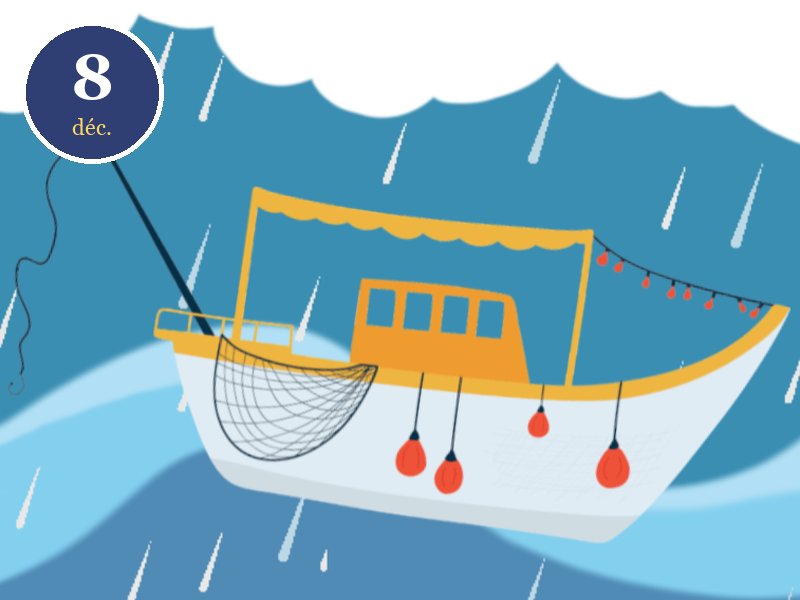 Case du 8 décembre du calendrier de l'Avent Le vœu d'Andréas, Noël en Grèce : un bateau de pêche décoré